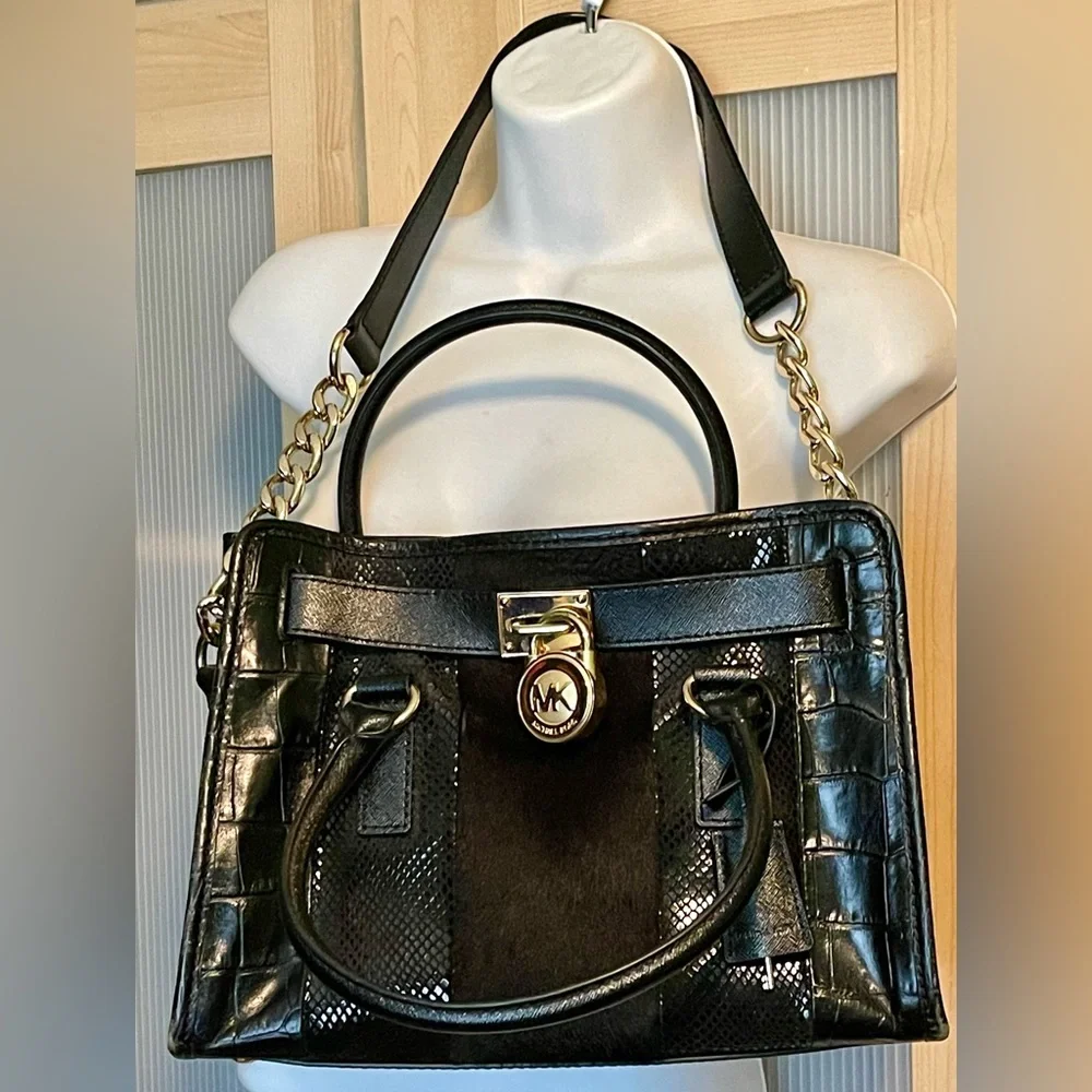 ❣️$398 ❣️ Michael Kors Black Calf Hair Croc Leather Shoulder Bag Purse
